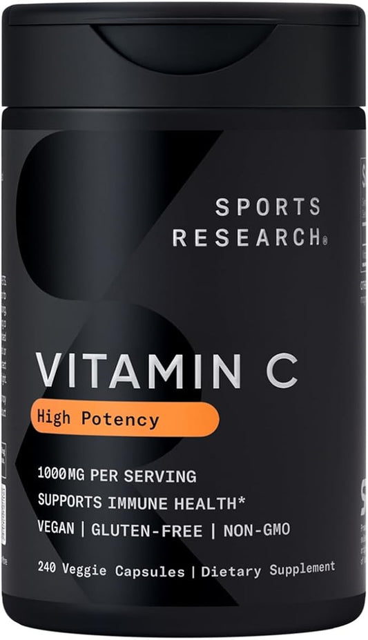 Sports Research Vitamin C 1000mg - Non-GMO Project Verified Ascorbic Acid Vitamin C Supplement for Immune Support & Antioxidant Protection | Vegan Friendly, 8 Month Supply (240 Count)
