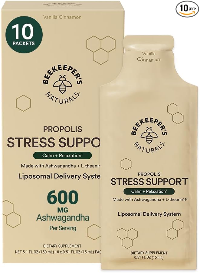 Ashwagandha Liposomal Stress Support by Beekeeper's Naturals, 600mg with Propolis, L-Theanine, Anti-Stress Support for Calm & Relaxation, 10ct
