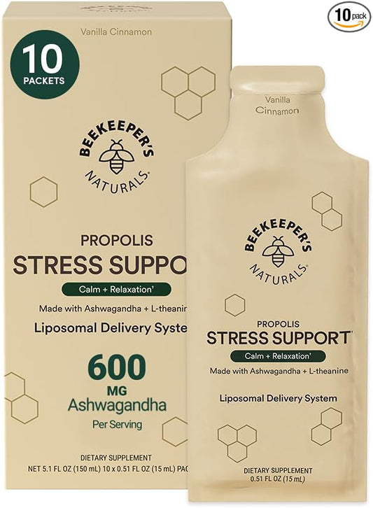 Ashwagandha Liposomal Stress Support by Beekeeper's Naturals, 600mg with Propolis, L-Theanine, Anti-Stress Support for Calm & Relaxation, 10ct