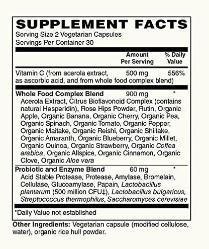 Vitamin C | 500mg Whole Food Vitamin C from Acerola Cherry Extract with Citrus Bioflavonoid Complex | 23 Organic Fruits & Vegetables Blend | Probiotics and Enzymes | 60 Vegan Capsules