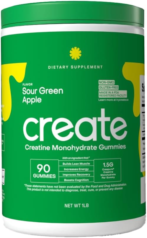 Creatine Monohydrate Gummies for Men & Women - Boost Focus, Strength, and Endurance, Anti-Melting Formula, Vegan, Gluten-Free, Non-GMO, 1.5 Gram Creatine per Gummy (Sour Green Apple, 90 ct)