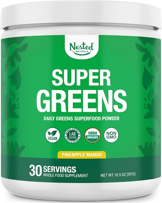 Super Greens Daily Greens Superfood Powder - Certified USDA Organic Green Powder w/20+ Whole Foods, Spirulina, Wheat & Barley Grass - Probiotics, Fiber & Enzymes - Pineapple Mango, 30 Servings
