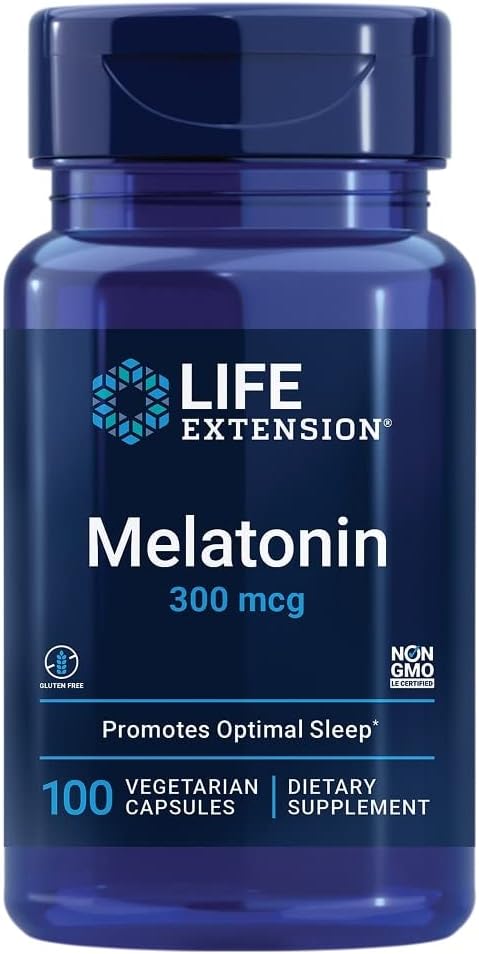 Life Extension Melatonin, 300 mcg, gentle sleep support, healthy circadian rhythms, cellular defense, gluten-free, non-GMO, vegetarian, 100 capsules