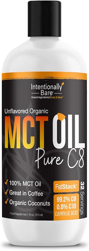 Intentionally Bare Pure C8 MCT Oil Organic - Brain Octane C8 MCT Oil for Clean Energy, Keto Paleo and Vegan Diet - Unflavored Brain Octane for Coffee, Shakes and Salads - Coconut MTC 16oz