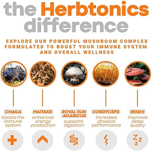 Herbtonics All-in-One Mushroom Supplement for Immune System Support | Nootropic Brain Support Supplement with Lion's Mane, Cordyceps, Reishi | Powerful Mushroom Complex | 120 Vegan Capsules