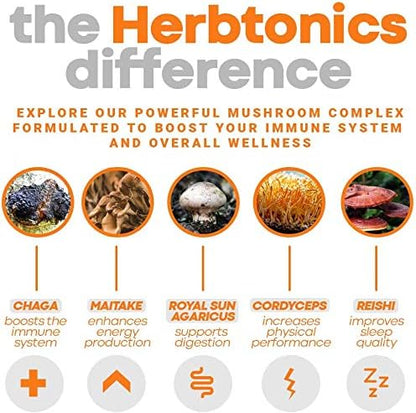 Herbtonics All-in-One Mushroom Supplement for Immune System Support | Nootropic Brain Support Supplement with Lion's Mane, Cordyceps, Reishi | Powerful Mushroom Complex | 120 Vegan Capsules