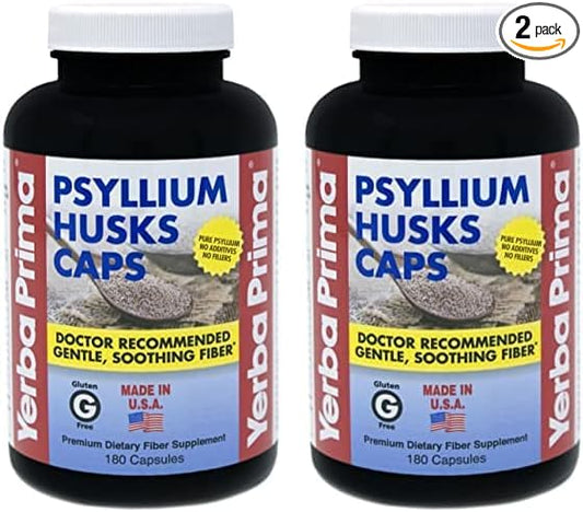 Yerba Prima Psyllium Husks Caps Dietary Fiber 625 mg, 180 Capsules - Colon Cleansing Supplement - Gut Health - Non-GMO Gluten Free (Pack of 2)