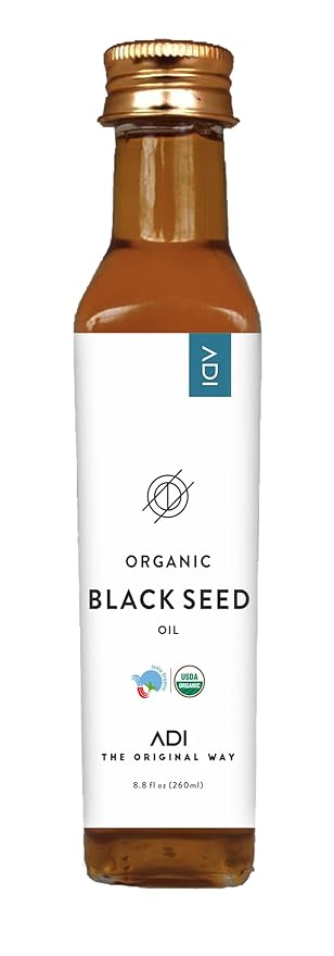 ADI Organic Black Seed Oil 8.8 oz, 100% Pure Unrefined Cold Pressed Liquid Oil, Glass Bottle, USDA Certified, Nigella Sativa, Rich in Omega 3-6-9