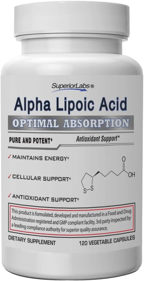 Superior Labs Alpha Lipoic Acid - Pure Non-GMO ALA 600mg (4 Month Supply) 120 Servings - Zero Synthetic Additives - Supports Healthy Aging, Nerve Health, Tingling Feet, Hands & Overall Wellbeing