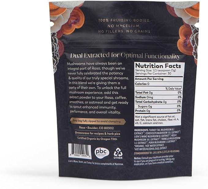 Rasa Magnificent Mushrooms – Best Mushroom Blend Supplement | 100% Fruiting Bodies | Organic Extra Potent Mushroom Extract Powder | Vegan & Gluten-Free (1 oz / 30 Servings)