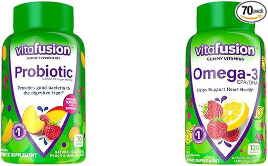 Vitafusion Probiotic Gummy Supplements, Raspberry, Peach and Mango Flavors & Omega-3 Gummy Vitamins, Berry Lemonade Flavored, Heart Health Vitamins(1) with Omega