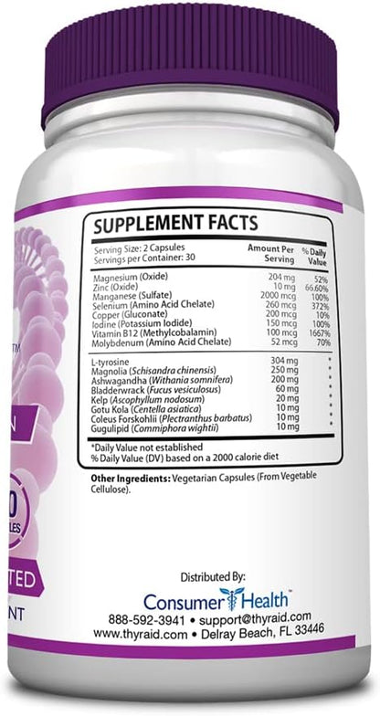 ThyrAid - Thyroid Supplement - Iodine, Kelp, Ashwagandha - Vegan - 60 Capsules (1 Month Supply)