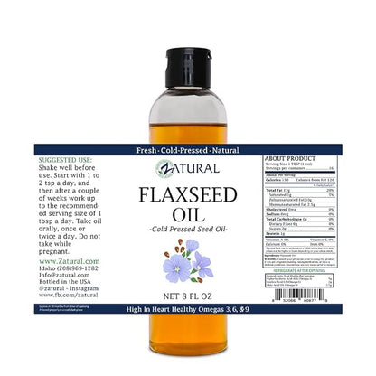 Zatural Flaxseed Oil Organically Grown 100% Pure Flax Seeds Cold Pressed Vegan Omega Fatty Acids (8oz)