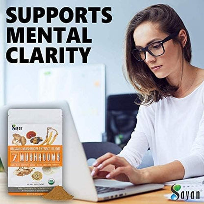 Sayan 7 Mushrooms USDA Organic Extract Powder Blend Supplement 4 oz / 113g - Chaga, Reishi, Cordyceps, Maitake, Shiitake, Lion's Mane and Turkey Tail, No Fillers, Add to Coffee or Tea, Fruiting Body