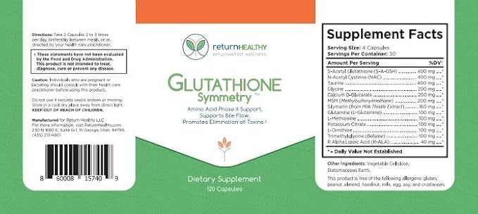 Glutathione Symmetry | S-Acetyl Glutathione Supplement | Antioxidants & Detoxification Supplement | Natural Cellular Support | All-Natural, Vegan, Non-GMO, 120 caps