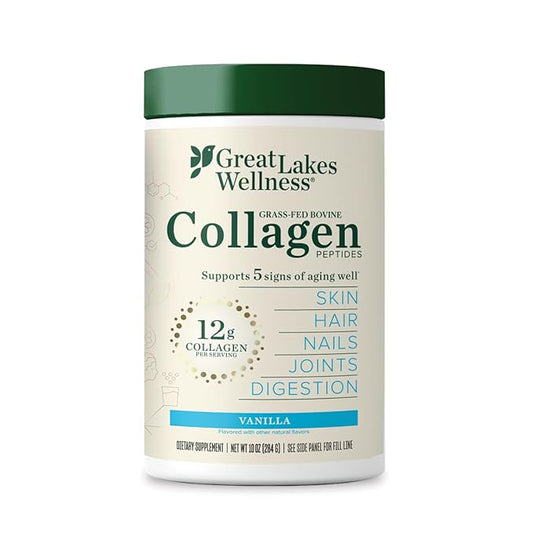 Great Lakes Wellness Collagen Peptides Powder for Skin, Hair, Nails, Joints & Digestion - Vanilla Flavored - Quick Dissolve Hydrolyzed, Non-GMO, Kosher - 10 oz