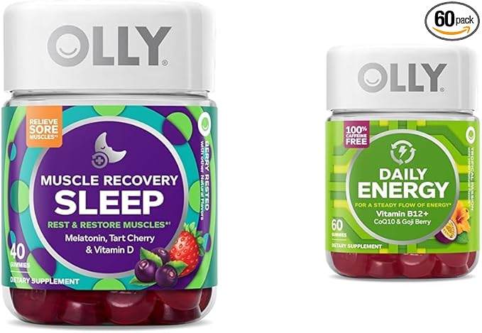 OLLY Muscle Recovery Sleep Gummies, Sleep and Sore Muscle Support, 3mg Melatonin, Tart Cherry & Daily Energy Gummy, Caffeine Free, Vitamin B12, CoQ10, Goji Berry, Adult Chewable Supplement