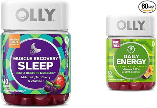 OLLY Muscle Recovery Sleep Gummies, Sleep and Sore Muscle Support, 3mg Melatonin, Tart Cherry & Daily Energy Gummy, Caffeine Free, Vitamin B12, CoQ10, Goji Berry, Adult Chewable Supplement