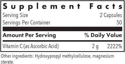 Allergy Research Group Pure Vitamin C Supplement - Ascorbic Acid, 1000mg Organic Vitamin C, High Potency, Unbuffered, Mild Acidity, Vegetarian Capsules - 100 Count