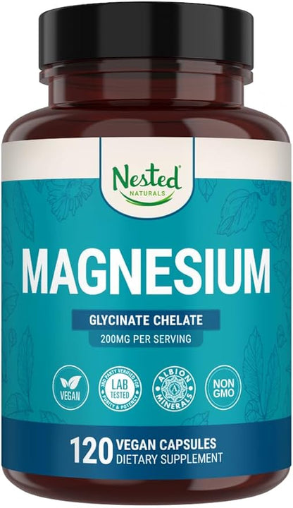 Nested Naturals Magnesium Glycinate Chelate - 200mg Chelated Magnesium Supplement for Muscle Cramps, Relaxation, & Sleep Support - 100% Albion TRACCS Buffered Magnesium Glycinate - 120 Vegan Capsules