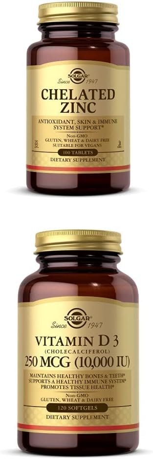 Solgar Chelated Zinc, 100 Tablets - Zinc for Healthy Skin + Solgar Vitamin D3 (Cholecalciferol) 250 MCG (10,000 IU), 120 Softgels - Immune System Support