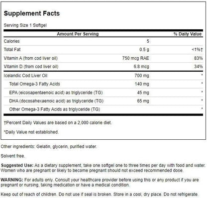 Swanson Cod Liver Oil - Wellness Supplement Promoting Bone, Skin Health, Vision Support & Immune System Function - Natural Formula with High Absorption Vitamin A - (250 Softgels, 700mg Each)