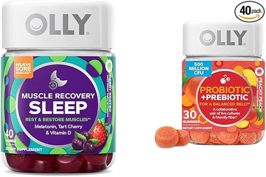 OLLY Muscle Recovery Sleep Gummies, Sleep and Sore Muscle Support, 3mg Melatonin, Tart Cherry & Probiotic + Prebiotic Gummy, Digestive Support and Gut Health, 500 Million CFUs, Fiber