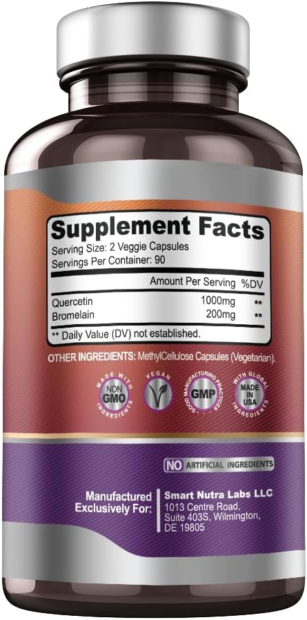 Smart Nutra Labs Quercetin with Bromelain- 180 Count, 1200mg Serving- Supports Immune Health & Energy- Vegan Friendly, Non-GMO, Gluten Free