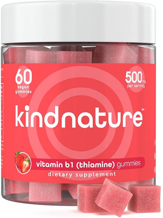 Kind Nature Vitamin B1 Gummies 500mg – High Potency Thiamine Supplement for Energy, Focus & Nervous System – Vegan, Non-GMO Chewable B1 Vitamins for Adults & Kids – Natural Strawberry Flavor – 60 Ct