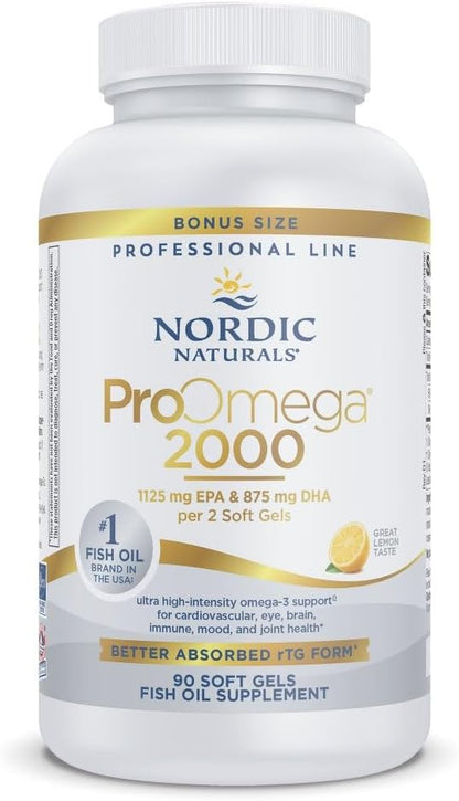 Nordic Naturals ProOmega 2000, Lemon Flavor - 90 Soft Gels - 2150 mg Omega-3 - Ultra High-Potency Fish Oil - EPA & DHA - Promotes Brain, Eye, Heart, & Immune Health - Non-GMO - 45 Servings