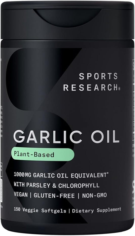 Sports Research Odorless Garlic Oil Pills (1000mg) with Parsley & Chlorophyll | Non-GMO Verified, Vegan Certified & Gluten Free (150 Plant Gels)