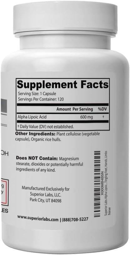 Superior Labs Alpha Lipoic Acid - Pure Non-GMO ALA 600mg (4 Month Supply) 120 Servings - Zero Synthetic Additives - Supports Healthy Aging, Nerve Health, Tingling Feet, Hands & Overall Wellbeing