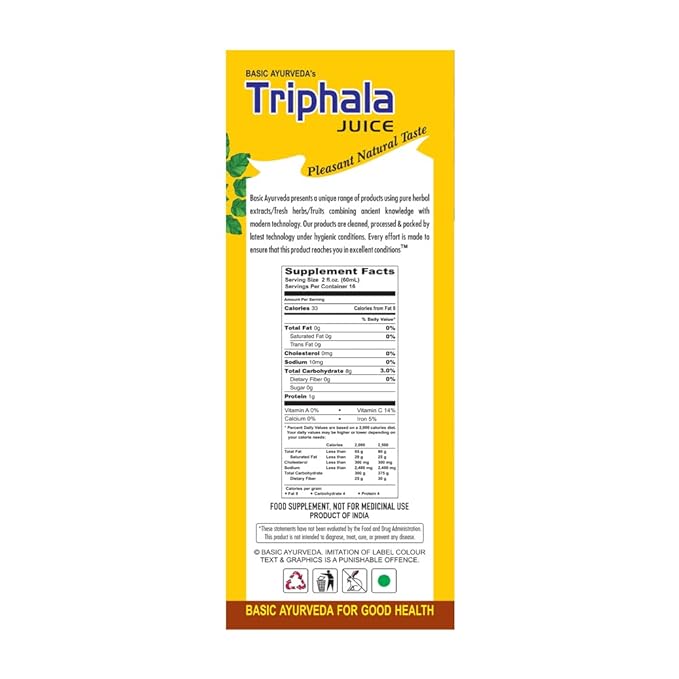 BASIC AYURVEDA Triphala Juice | 32.46 Fl Oz (960ml) | Organic Fruit Juice of Amla Bibhitaki & Haritaki | Natural Source of Vitamin C | for Healthy Hair & Digestion