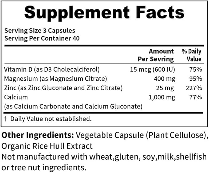Calcium Magnesium Zinc VitaminD3 Capsules, Support Immune & Bone Health, 120 Count
