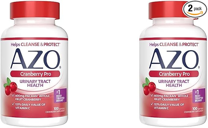 AZO Cranberry Pro Urinary Tract Health Supplement 600mg PACRAN, 1 Serving : More Than 1 Glass of Cranberry Juice, Sugar Free Cranberry Pills, Non-GMO 100 Softgels (Pack of 2)
