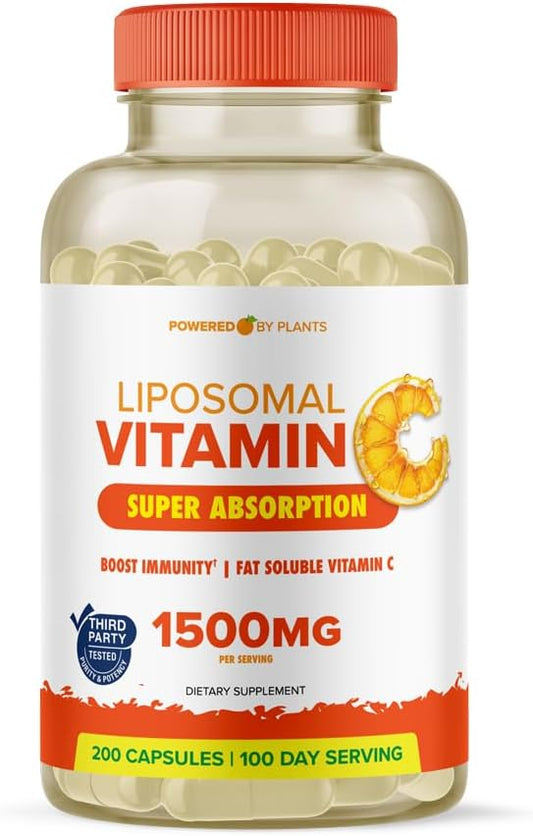 Liposomal Vitamin C Capsules 1500mg Buffered High Absorption VIT C, Immune System & Collagen Booster, 1500 mg High Dose Fat Soluble Immunity Support Ascorbic Acid Supplement (200 Capsules) Vegan