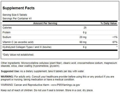 Swanson Hydrolyzed Collagen Peptides + Vitamin C Types I and Iii 1,000 mg 250 Tabs