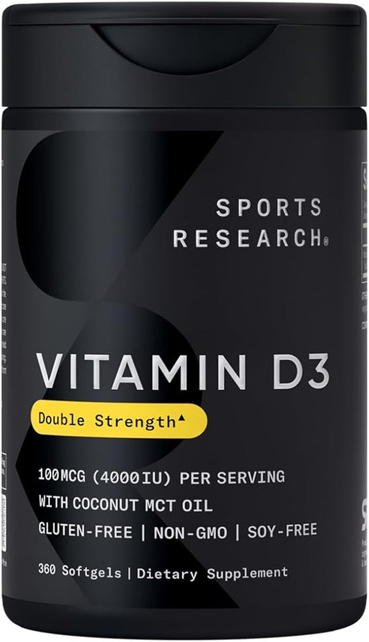 Sports Research Vitamin D3 4000 IU with Coconut MCT Oil - Double Strength Vitamin D Supplement - Non-GMO Verified, Gluten & Soy Free – 100mcg, 360 Liquid Softgels
