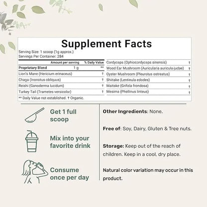 Organic Mega Mushroom Powder 10-in-1, 10oz – Lion’s Mane, Reishi, Shiitake, Cordyceps & More – Immune Boost, Energy, Brain Support – Non-GMO, Vegan, Gluten-Free Superfood Supplement