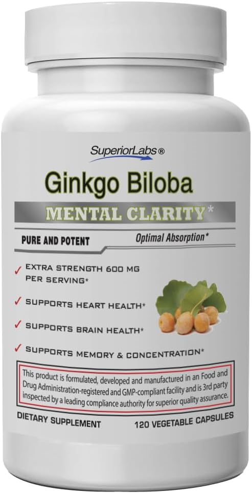SuperiorLabs - Ginkgo Biloba - 1200mg, 120 Vegetable Capsules - Added Black Pepper for Optimal Absorption - Supports Brain and Heart Health - Memory & Concentration - Circulation Support