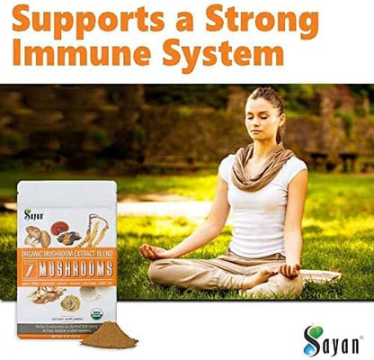 Sayan 7 Mushrooms USDA Organic Extract Powder Blend Supplement 4 oz / 113g - Chaga, Reishi, Cordyceps, Maitake, Shiitake, Lion's Mane and Turkey Tail, No Fillers, Add to Coffee or Tea, Fruiting Body