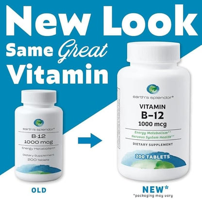 Earth's Splendor Energy Supplements, with Vitamin B12, Dietary Supplements, No Artificial Color or Flavor, Gluten Free, Energy Metabolism Support (1000mcg, 200 Tablets)