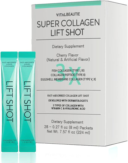Liquid Collgen for Women, SuperCollagen Lift Shot - Premium Multi Collagens Peptides Type I, II, III, V, X 1500mg with Hyaluronic, Vitamin C, Third Party Certified, High Absorption