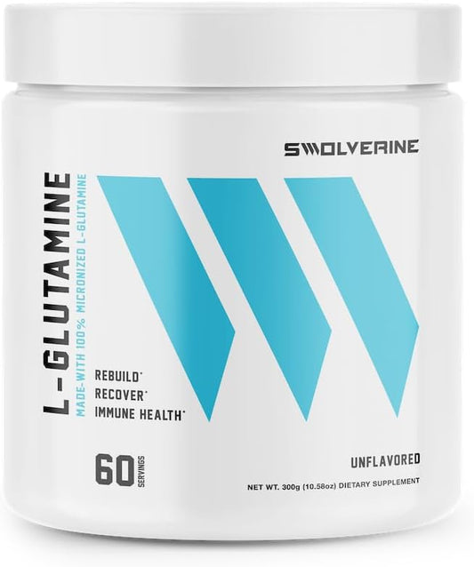 Swolverine L-Glutamine | Reduces Exercise Induced Muscle Soreness, Improves Recovery, Enhances Gut Health, Supports Immune Health, Vegan, Non-GMO, GF, 5g Per Serving, (Unflavored, 60 Servings)