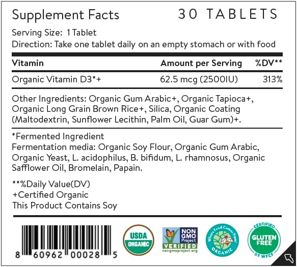 Movita Certified Organic Vitamin D3 2500IU – Supports Energy, Immune Health & Bone Strength – Fermented Whole Foods, Organic, Vegan, Gluten-Free, Non-GMO – 30-Day Supply (Eco-Friendly Pouch)