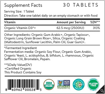 Movita Certified Organic Vitamin D3 2500IU – Supports Energy, Immune Health & Bone Strength – Fermented Whole Foods, Organic, Vegan, Gluten-Free, Non-GMO – 30-Day Supply (Eco-Friendly Pouch)