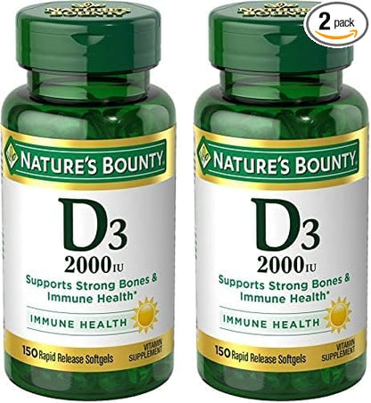 Nature's Bounty Vitamin D, Supports Immune Health & Bone Health, 2000IU Vitamin D3, 150 Softgels,150 Count (Pack of 2)