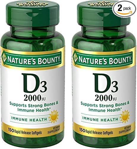 Nature's Bounty Vitamin D, Supports Immune Health & Bone Health, 2000IU Vitamin D3, 150 Softgels,150 Count (Pack of 2)