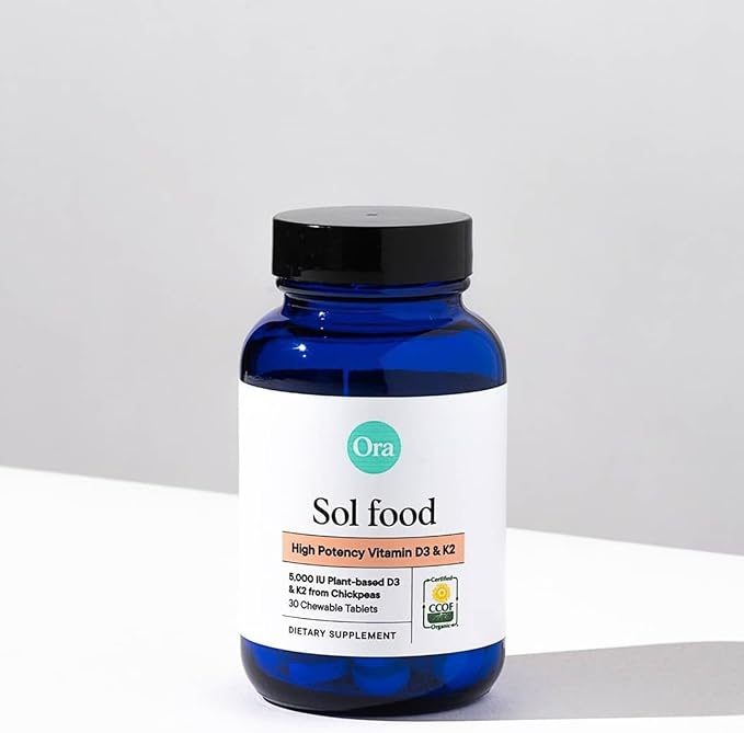 Ora Organic Vitamin D3 5000IU + K2 - Vegan Vitamin D from Lichen and K2 from Chickpeas for Bone Health, Immune Support, & Mood, Maximum Absorption - 1 Month Supply, 30 Chewable Tablets
