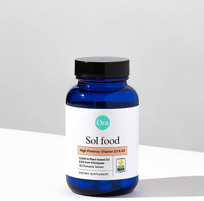 Ora Organic Vitamin D3 5000IU + K2 - Vegan Vitamin D from Lichen and K2 from Chickpeas for Bone Health, Immune Support, & Mood, Maximum Absorption - 1 Month Supply, 30 Chewable Tablets